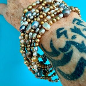 Vintage Freshwater Pearl Multi-Strand Necklace in Golden and Iridescent Tones